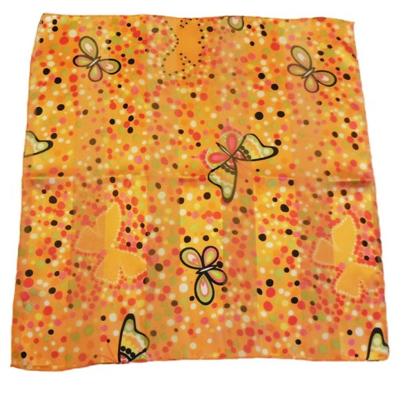 Scarf 19.5" Square Satin Chiffon Orange Polka Dot Butterflies Print - Picture 3 of 5